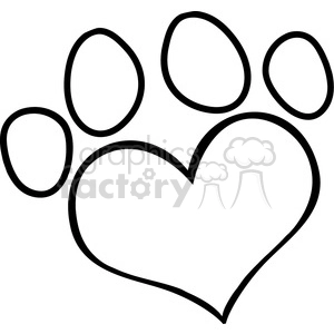 This clipart image depicts a stylized animal paw print where the main pad of the paw is drawn as a heart. The image has a simple black and white design, commonly used to convey a love for pets or animals.