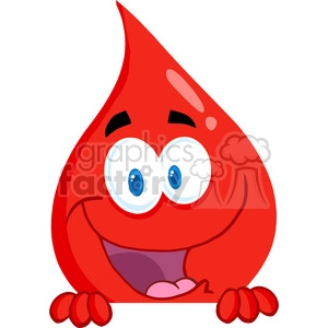 This clipart image features a stylized, cartoonish representation of a blood drop. It is personified with large, expressive eyes and a wide, cheerful smile, suggesting a friendly and approachable character. The blood drop is mainly red, with some reflection or shine marks on its surface, to indicate its liquid nature. Its hands are also showing, which are exaggerated and wavy, enhancing the comical aspect of the image.