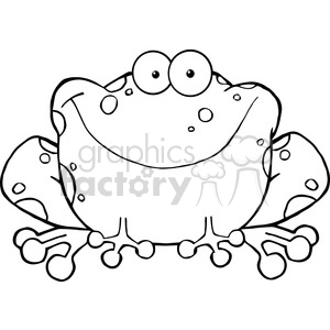 The image appears to be a black and white line drawing of a cartoon frog. The frog has a rounded, plump body, with large, bulging eyes, which give it a humorous and exaggerated look. It also has prominent spots on its back and limbs indicative of typical cartoon frog illustrations.