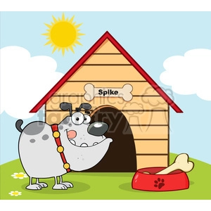 This clipart image features a funny and comical depiction of a dog standing next to its house. The house is wooden with the name Spike written on a bone-shaped sign above the entrance. The dog has exaggerated facial expressions with large eyes and a wide-open mouth, adding a silly tone to the image. A large bone sits in a red bowl nearby, signaling a classic dog accessory. The background includes a bright sun, white clouds, and some flowers in the grass, suggesting a warm, cheerful day.