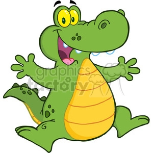 This image illustrates a cartoon character of a green alligator or crocodile with a large yellow underbelly. The creature is portrayed in a funny and friendly manner, with bulging eyes, an open mouth revealing a pink tongue and a row of white teeth, and arms outstretched as if ready for a hug. It has a cheerful and playful expression.