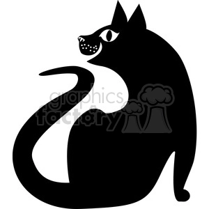 The image is a simple black and white clipart of a stylized black cat. The cat is depicted in profile, with its body and tail forming sleek curves, and it has a slightly turned head with visible facial features like eyes, whiskers, and nose.