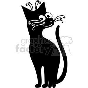 The clipart image features a stylized black cat with whimsical features such as curly whiskers and a long tail. The cat appears to be standing with a side profile, showcasing large white eyes and a playful expression.