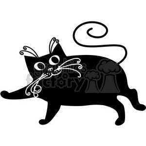 This clipart image features a stylized black cat. The cat is portrayed in a playful stance with exaggerated, curly whiskers and large, round eyes. The cat's tail is curled in a decorative spiral.