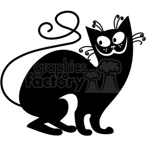 The image is a black and white clipart illustration of a stylized black cat with playful curls on its fur, large eyes, and a whimsical design.