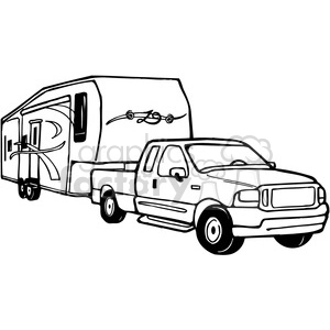 The clipart image depicts a cartoon-style, cute truck towing a camper trailer. The trailer is designed to be used for camping and has windows and a door. The overall image conveys a sense of adventure and travel associated with camping trips.
