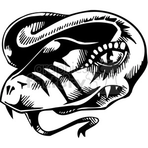 The clipart image features a stylized representation of a snake, possibly a viper, depicted in a bold and aggressive design. The snake's mouth is open, showcasing its fangs, which signify danger and poison. The image has high contrast with solid black and white areas, making it suitable for vinyl-ready applications like tattoos or decals.
