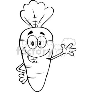 Royalty Free RF Clipart Illustration Black And White Smiling Carrot Cartoon Character Waving For Greeting