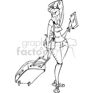 cartoon female tourist on vacation black and white