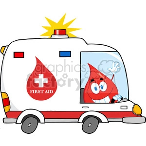 6183 Royalty Free Clip Art Red Blood Drop Character Driving Ambulance