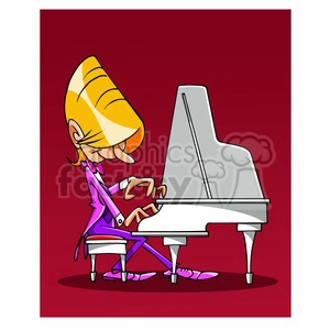 The image depicts a cartoon character styled as a famous pianist, seated at a grand piano. The character has distinctive large hair and is dressed in a vibrant pink suit with stylized shoes, implying a flamboyant and iconic image associated with certain real-life celebrity musicians.