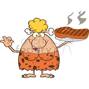 This is an image of a cartoon cavewoman. She has bright yellow hair tied in bones, wide eyes, and is smiling. She's wearing a spotted orange dress and is holding a large piece of cooked meat on a bone with a bone handle. There are two wavy lines above the meat indicating that it is hot.