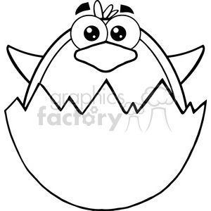 The clipart image features a comical depiction of a cartoon bird hatching from an egg. The bird has large, expressive eyes, and a prominent beak, with its wings visible on the sides. It seems to be peeping out from the cracked eggshell.