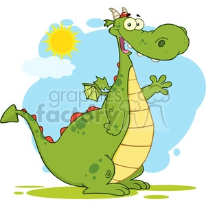 This clipart image features a whimsical cartoon dragon. The dragon is green with a yellow belly, red wing accents, and a small white horn on its head. It has a jovial expression with its tongue out and one eye playfully crossed. It's waving one hand as if greeting. The background includes a blue sky with a few clouds and a bright yellow sun.