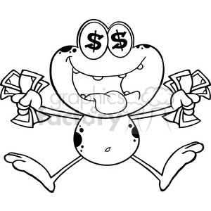 The clipart image depicts a cartoon frog with a humorous expression, standing upright on its hind legs. The frog's eyes have dollar signs in them, which typically signifies a desire for or focus on money. It is holding, in each hand, a bunch of cash, suggesting that it might be wealthy or have just come into a lot of money. The exaggerated smile and dollar signs in the eyes convey a sense of greed or excitement about its wealth.