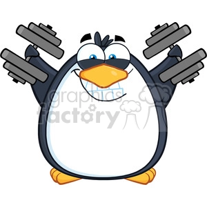 The clipart image depicts a cartoon penguin lifting weights. The penguin appears to be smiling and has a funny expression while holding a barbell with weights on both ends above its shoulders.