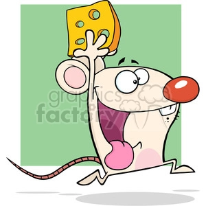 The image is a playful representation of a cartoon mouse, depicted with an exaggeratedly large grin and a piece of cheese in its hand. The mouse has large, round eyes and a prominent, round red nose, adding to its comical appearance. The cheese is yellow with holes that are typically associated with Swiss cheese.
