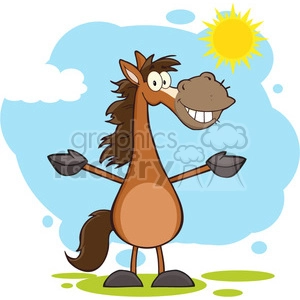 The clipart image shows a cartoon horse with a large, friendly smile. The horse stands upright on two legs with its arms spread wide. The background features a blue sky with a few clouds and a bright yellow sun. There's also a green patch on the ground, indicating grass or land. The horse appears happy and is depicted in a whimsical, exaggerated style typical of cartoon illustrations.