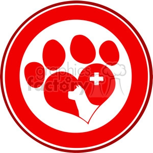 The image features a circular emblem with a red and white color scheme. Inside it, there is a stylized representation of a paw print comprised of red circles for the pads. There is a heart shape carved out of the main pad area, with a white cross inside of it, indicating a medical or veterinary context. Additionally, there is a silhouette of a dog's head inside the heart, suggesting that this emblem is related to animals, especially to the love or care for dogs, potentially representing a veterinary service or animal care symbol.