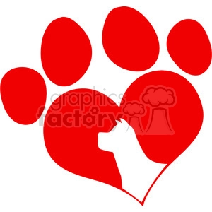 The image is a red and white clipart. It features a large red heart with a silhouette of a smaller dog's head and neck at the bottom inset of the heart. In addition, there are six red oval spots, reminiscent of a paw print, placed above and around the heart, creating a paw-and-heart combination design.