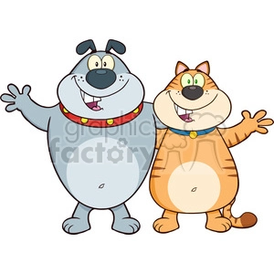 The image features two cartoon animals, a dog and a cat. The dog is gray, with a big round body, wearing a red collar with yellow dots, and it has a cheerful expression with its tongue hanging out. The cat is orange with stripes, wearing a blue collar with a yellow tag, and also has a happy expression. Both animals are standing upright with one arm extended as if waving or greeting someone.