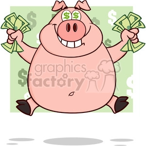 The clipart image features a cartoon pig with a big, happy smile, standing upright, and holding a wad of cash in each of its hooves. The pig has dollar sign symbols in its eyes, indicating it's thinking about money or possibly representing wealth or financial success. The background is green with subtle dollar sign symbols, which complements the financial theme.