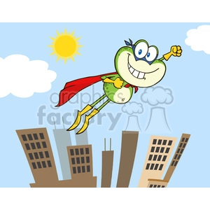 The clipart image features a humorous depiction of a superhero frog. The frog is stylized with big, expressive blue eyes and a wide smile. It's adorned with a red superhero cape and a green costume, complete with a yellow belt and boots. The frog is posed in a flying action, with one arm stretched forward and the other at its side. The background shows a simplistic cityscape of brown buildings under a light blue sky dotted with a few white clouds, and the sun shines brightly in the corner of the image.
