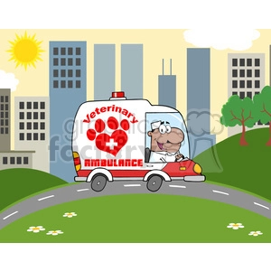 This clipart image features a whimsical representation of a veterinary ambulance on the road. Notable elements are:
- A cartoon man wearing a veterinarian's cap, depicted driving the ambulance.
- The ambulance is white with red accents and has a red cross and a paw print sign, indicating it's for veterinary services.
- The text on the ambulance reads Veterinary Ambulance.
- A cityscape with various buildings in the background, suggesting an urban setting.
- A sunny sky with a few clouds.
- Green trees and small patches of grass with flowers alongside the road.