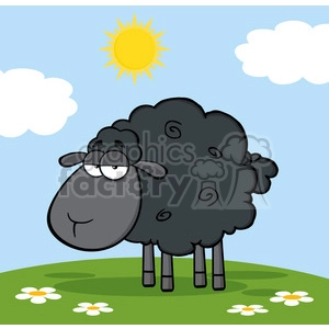 The clipart image depicts a cartoon sheep with a humorous expression standing in a green field with a few daisies. The sheep is black with a fluffy appearance. The background shows a clear blue sky with the sun shining brightly and a few fluffy white clouds.