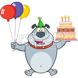 The clipart image shows a cartoon dog wearing a party hat and holding a bunch of colorful balloons in one paw and a birthday cake with lit candles in the other. The dog appears happy and ready to celebrate, indicated by its wide grin.
