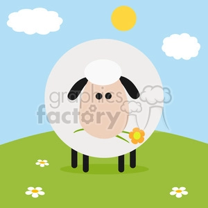 This image contains a stylized cartoon of a sheep or lamb standing on a green hill with a few flowers. The sheep has a large white round body, a smaller round head with simple facial features (two black dots for eyes and a simple line for a mouth), and dark floppy ears. It holds a yellow flower with an orange center in its mouth. The background features a clear blue sky with a yellow sun in the top right corner and two white clouds.