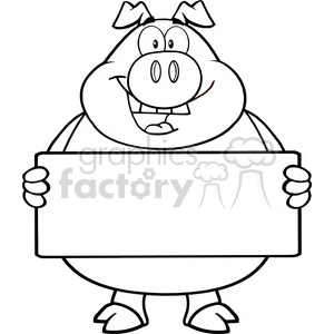 Royalty Free RF Clipart Illustration Black And White Pig Cartoon Mascot Character Holding A Banner