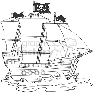 Royalty Free RF Clipart Illustration Pirate Ship Sailing Under Jolly Roger Flag