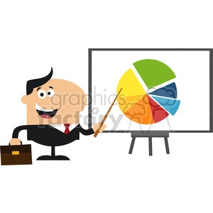 8351 Royalty Free RF Clipart Illustration Happy Manager Pointing Progressive Pie Chart On A Board Flat Style Vector Illustration