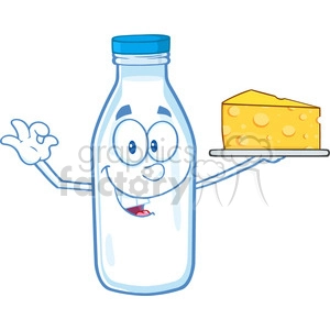 Royalty Free RF Clipart Illustration Funny Milk Bottle Character Holding Up A Wedge Of Yellow Cheese