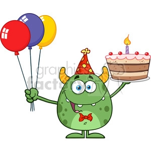 8916 Royalty Free RF Clipart Illustration Funny Green Monster Holding Up A Birthday Cake Vector Illustration Isolated On White
