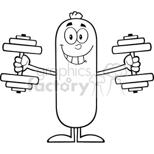 8429 Royalty Free RF Clipart Illustration Black And White Sausage Cartoon Character Training With Dumbbells Vector Illustration Isolated On White
