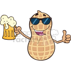 8748 Royalty Free RF Clipart Illustration Peanut Cartoon Mascot Character With Sunglasses Holding A Beer And Thumb Up Vector Illustration Isolated On White