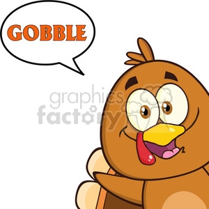 8978 Royalty Free RF Clipart Illustration Smiling Turkey Bird Cartoon Character Looking From A Corner With Speech Bubble And Text Vector Illustration Isolated On White