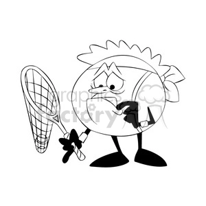 terry the tennis ball cartoon character with broken racket black white