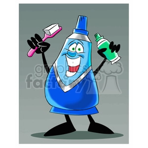 mo the toothpaste cartoon character holding toothpaste and toothbrush