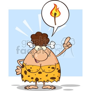 smiling brunette cave woman cartoon mascot character with good idea vector illustration with speech bubble and fiery torch