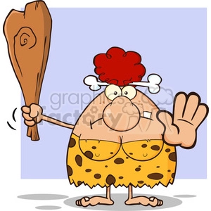 The image depicts a cartoon-style cavewoman. She is holding a large wooden club in one hand and gesturing with the other hand in what appears to be a greeting or talking gesture. She has red, unruly hair topped with a bone. She wears a spotted animal skin as a garment.
