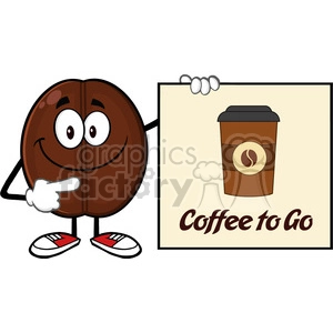 illustration smiling coffee bean cartoon mascot character pointing to a sign coffe to go vector illustration isolated on white