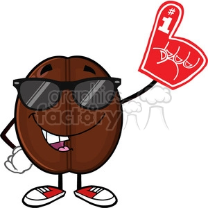 illustration funny coffee bean cartoon mascot character with sunglases wearing a foam finger vector illustration isolated on white