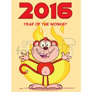 royalty free rf clipart illustration happy red monkey cartoon character welcoming over flames vector illustration new year greeting card