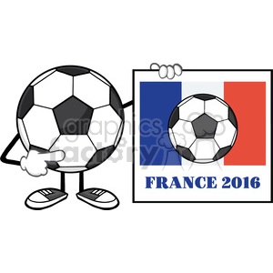 The clipart image features an anthropomorphized soccer ball wearing shoes, standing to the left side and pointing with its hand to a poster on the right. The poster itself depicts a soccer ball superimposed over the French flag (blue, white, and red vertical stripes) with the text FRANCE 2016 in blue below it.