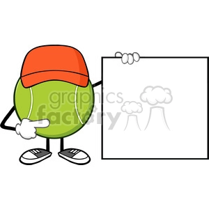 tennis ball faceless cartoon mascot character pointing to a blank sign banner vector illustration isolated on white background