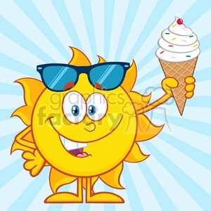 cute sun cartoon mascot character with sunglasses holding a ice cream vector illustration with blue sunburst background