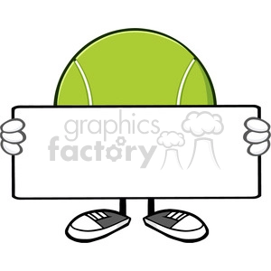 tennis ball faceless cartoon mascot character holding a blank sign vector illustration isolated on white background